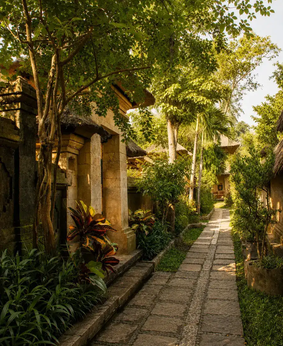 Traditional Balinese pathway and tropical architecture at Bali Agung Village Seminyak