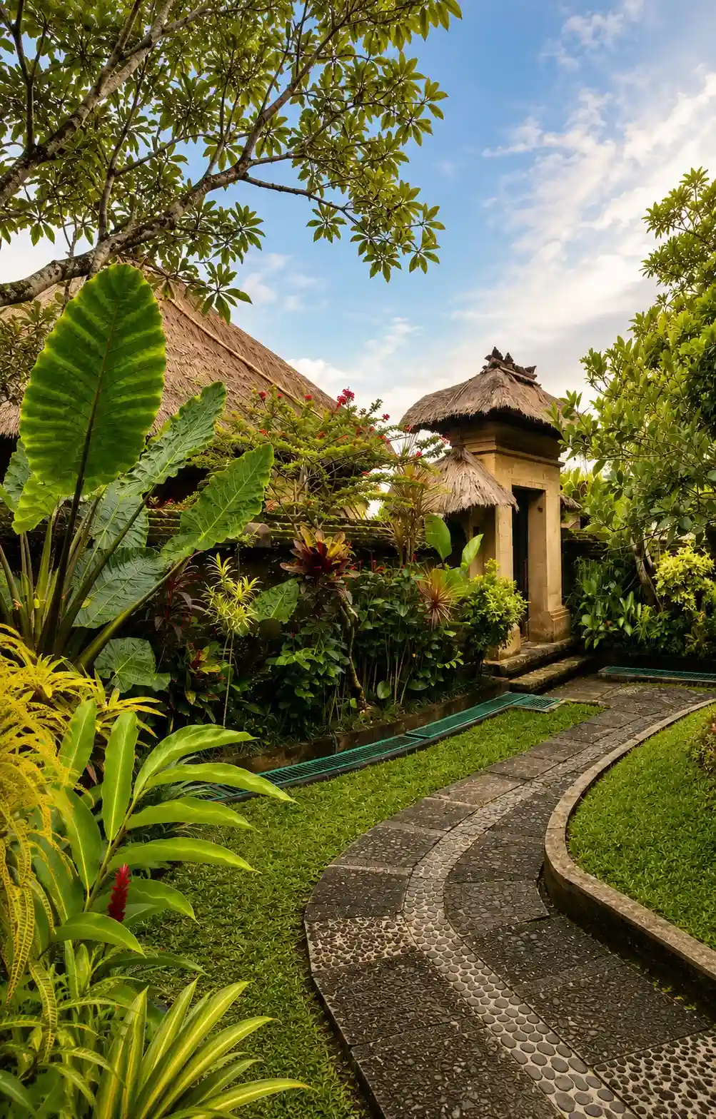 Traditional garden pathway surrounded by lush tropical gardens at Bali Agung Village Seminyak